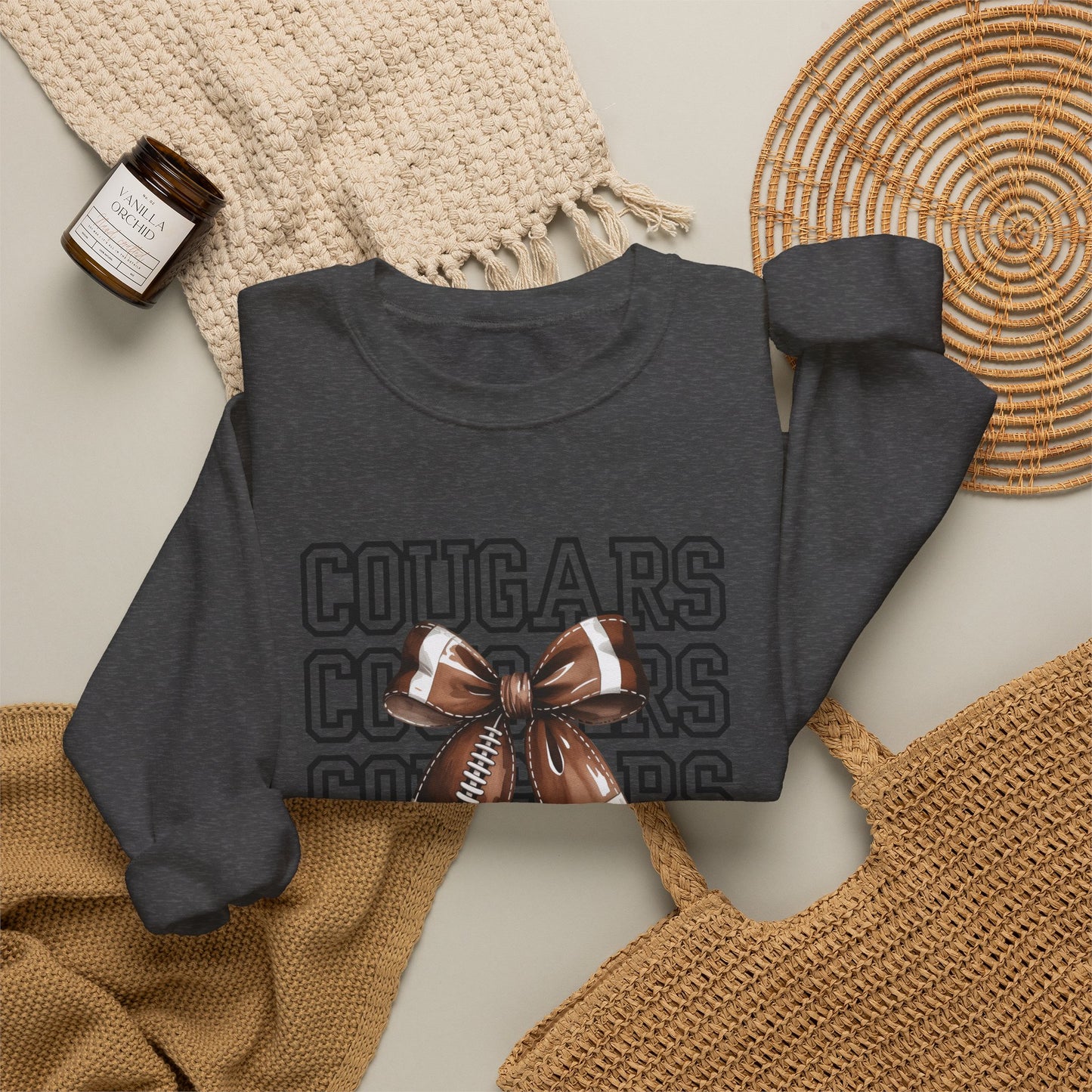GILDAN - Cougars Cheer Bow Sweatshirt - Repeated Text Graphic Crewneck