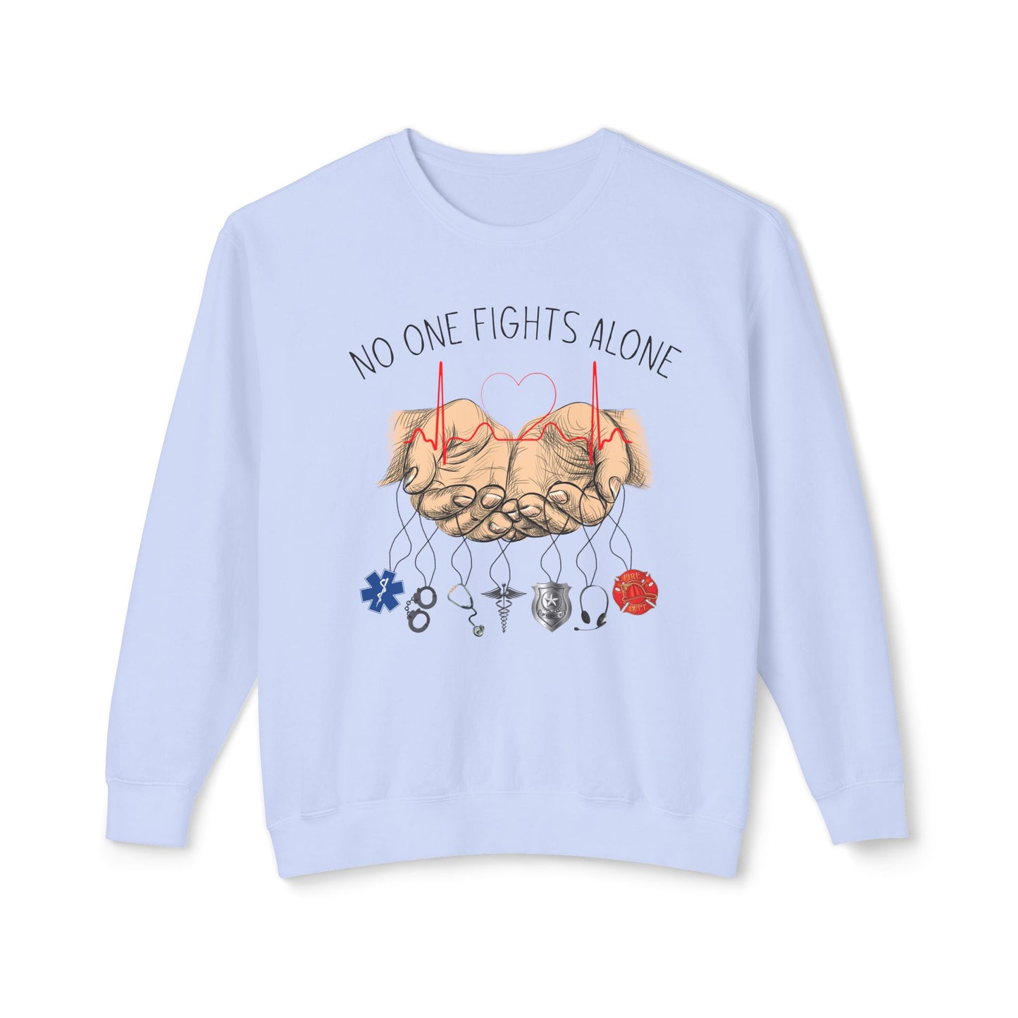 COMFORT COLORS -Crewneck Sweatshirt — "No One Fights Alone" Hands & Medical Symbols Support Pullover