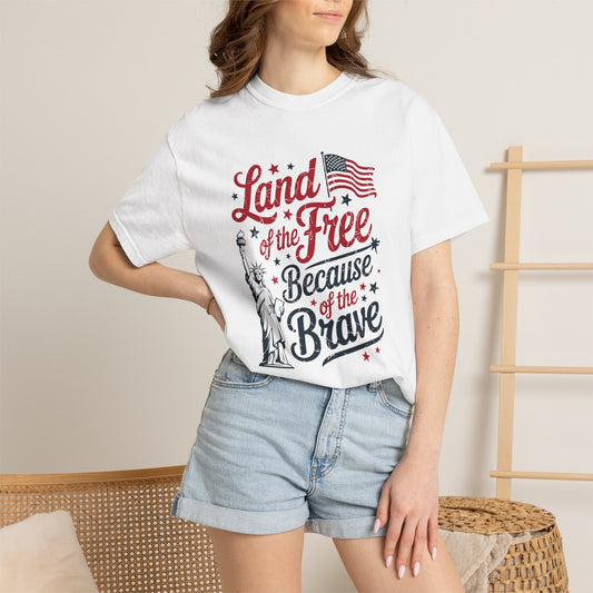 COMFORT COLORS - Land of the Free Because of the Brave T-Shirt — Patriotic Statue of Liberty Graphic Tee