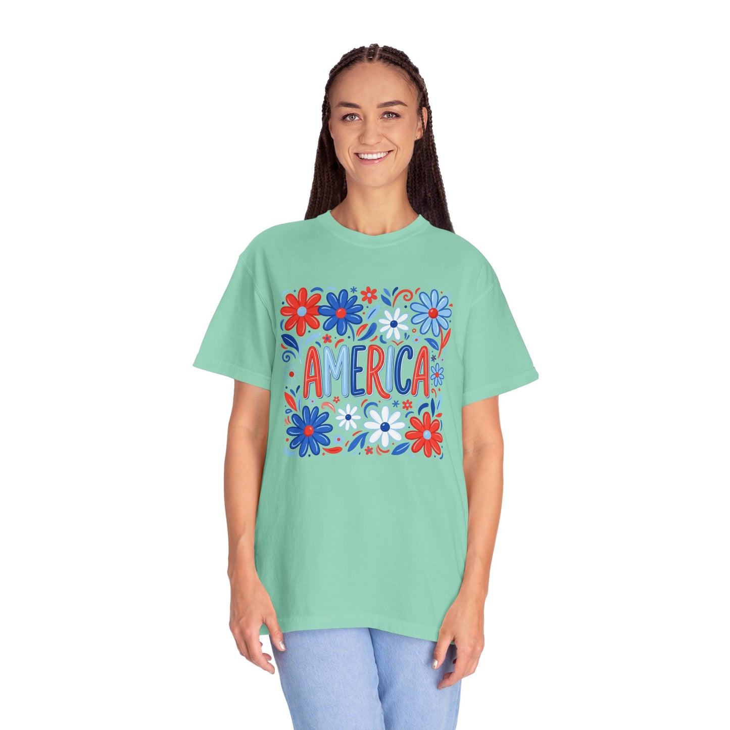 COMFORT COLORS - America Floral T-Shirt — Red, White & Blue Patriotic Tee