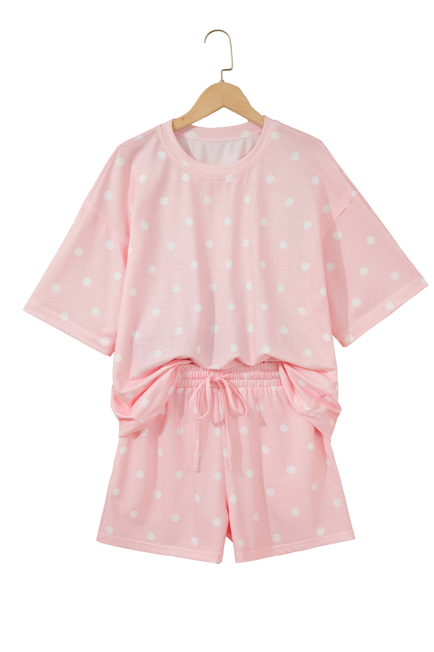 Sky Blue Exposed Seam Detail Polka Dot Loose Tee Drawstring Shorts Set