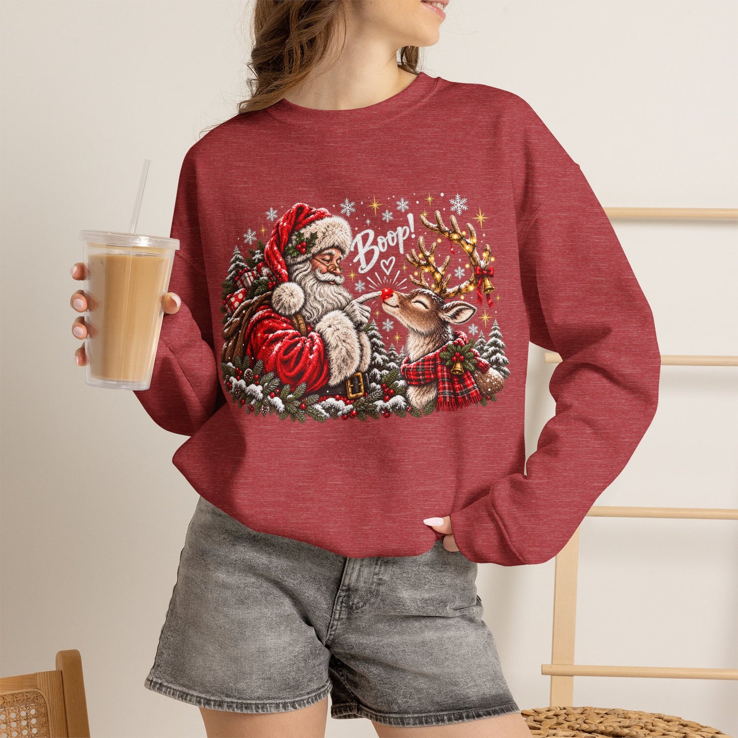 GILDAN - Christmas Santa and Reindeer Crewneck Sweatshirt
