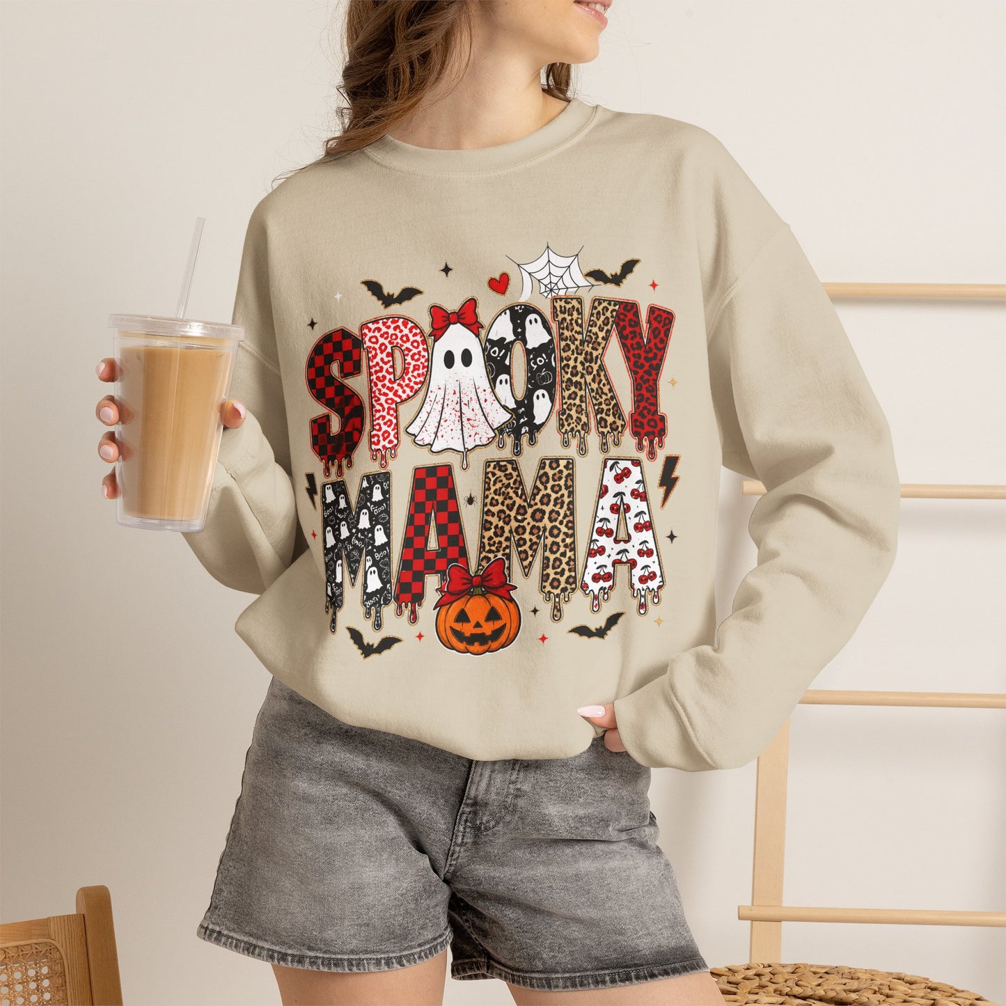 GILDAN - Spooky Mama Sweatshirt – Cute Halloween Ghost & Pumpkin Graphic Crewneck