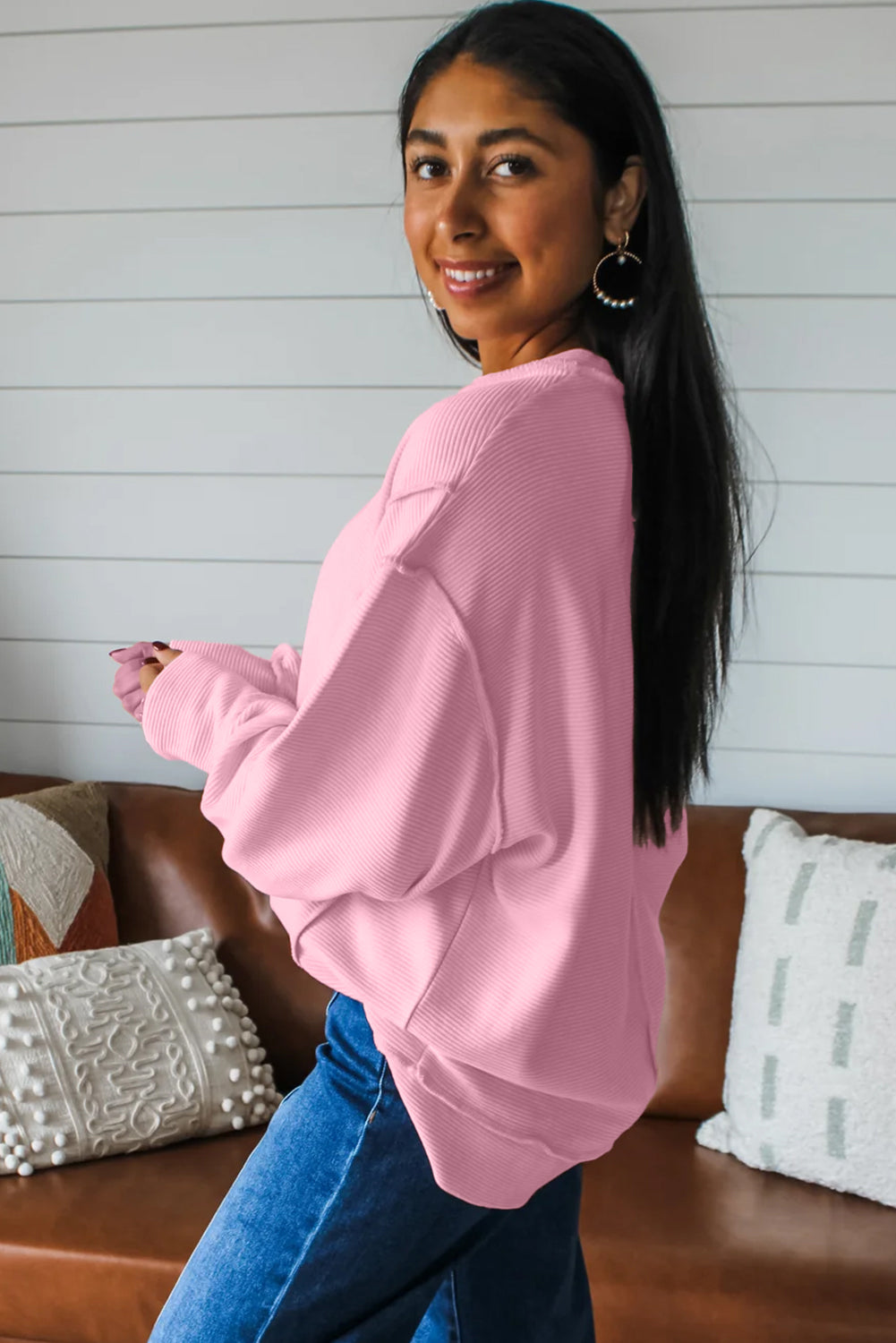 Lavendula Horizontal Ribbed Exposed Seam Detail Drop Shoulder Baggy Pullover