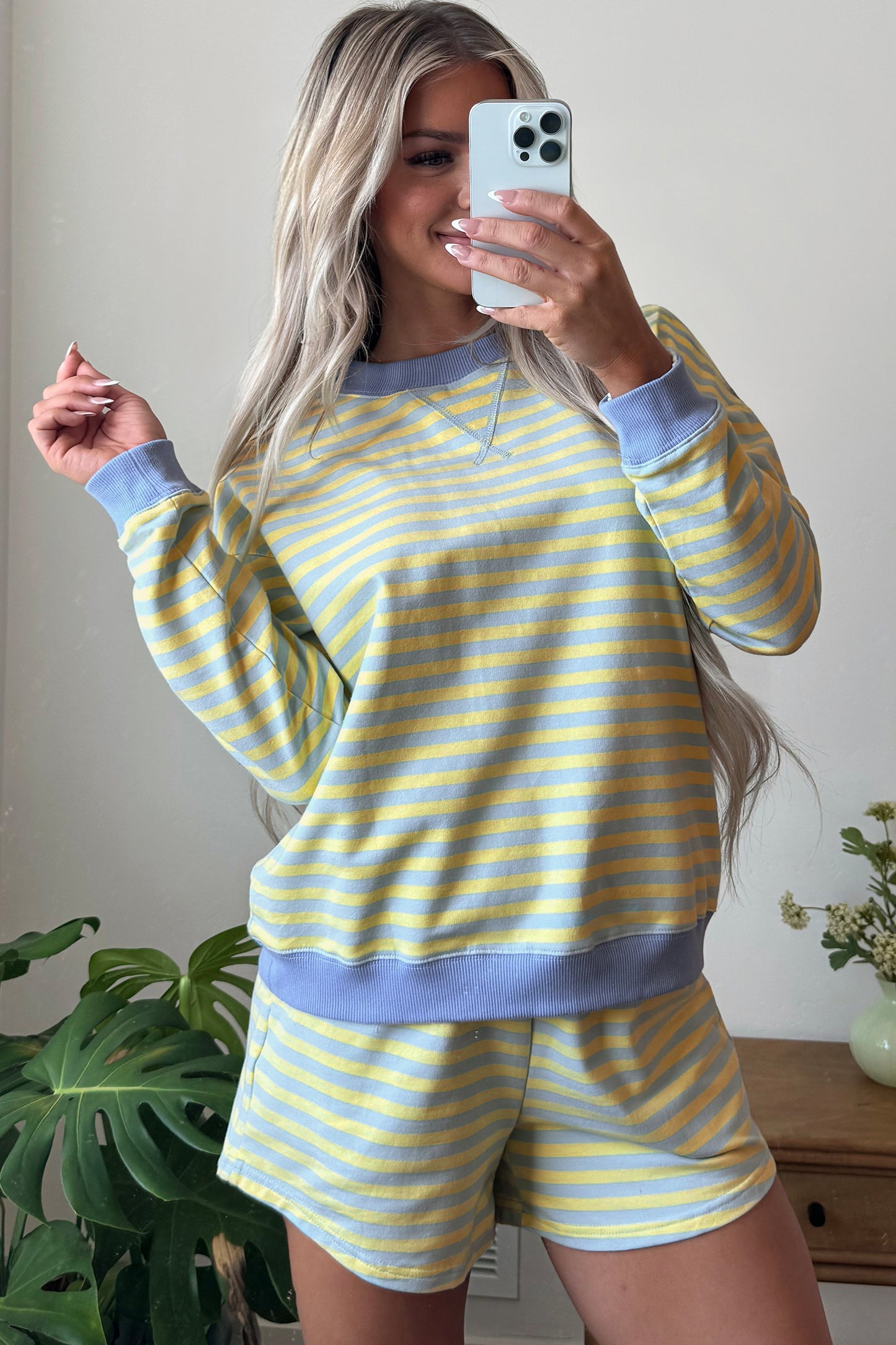 Yellow Stripe Color Block Detail Long Sleeve Pullover Elastic Waist Pull On Shorts 2pcs Set