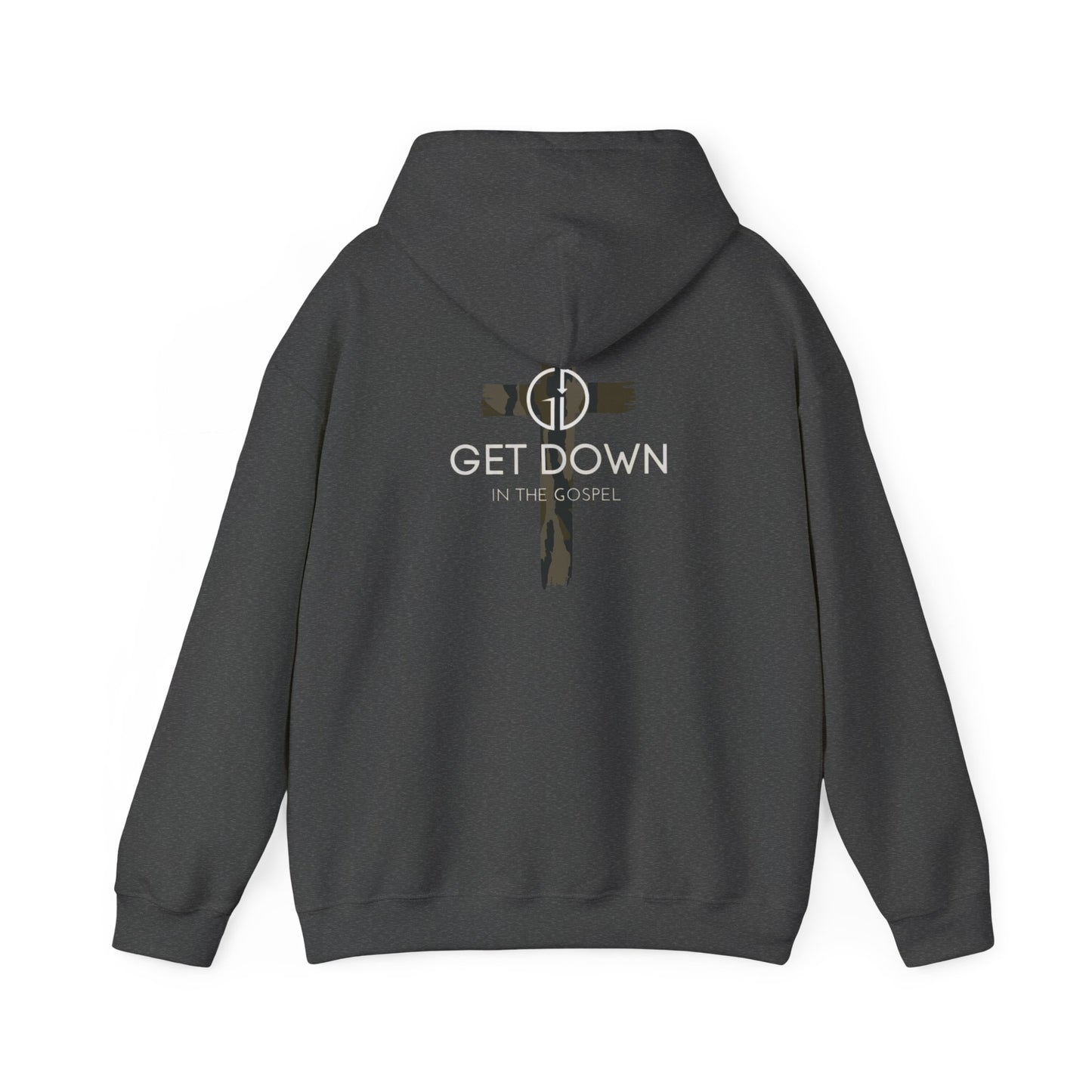 GET DOWN IN THE GOSPEL ADULT HOODIE GREEN CAMO CROSS