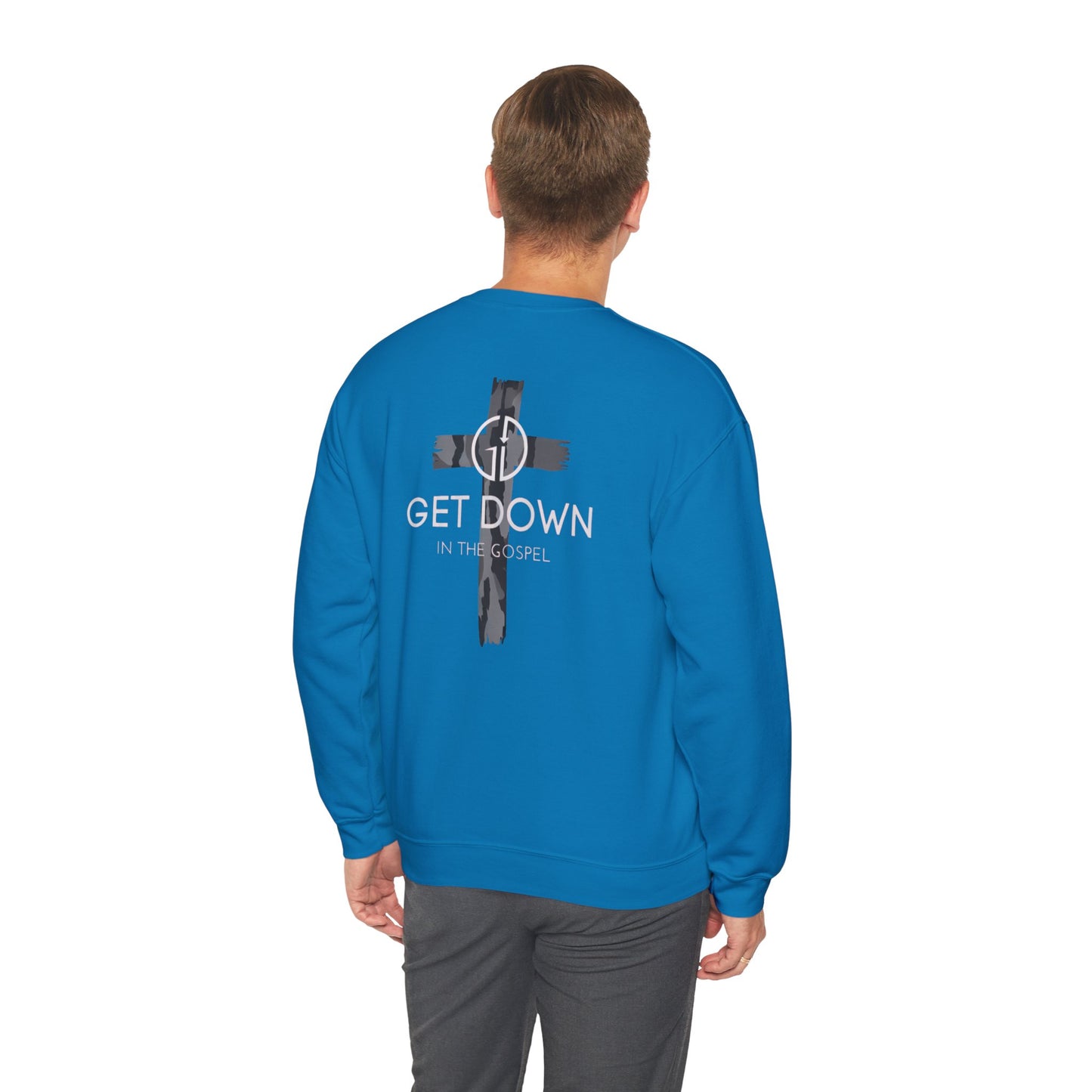 GILDAN - GET DOWN IN THE GOSPEL ADULT SWEATSHIRT GRAY CAMO CROSS