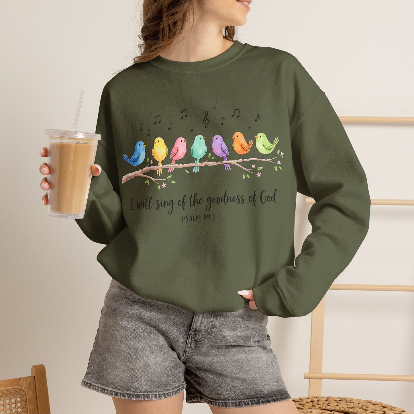 GILDAN - Psalm 89:1 Birds Crewneck Sweatshirt — I Will Sing of the Goodness of God Christian Sweatshirt