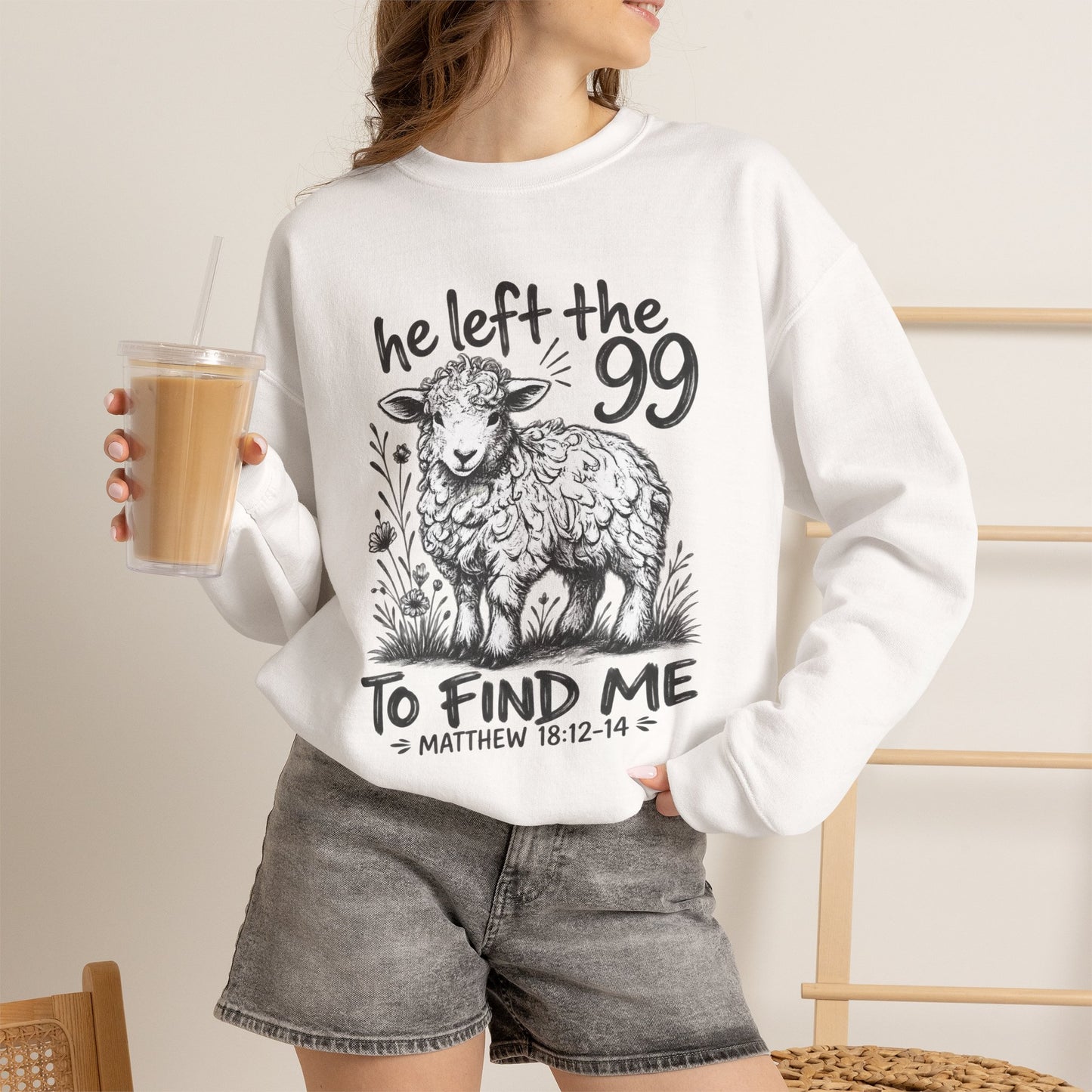 GILDAN - Christian Crewneck Sweatshirt — "He Left the 99 to Find Me" Lamb Graphic