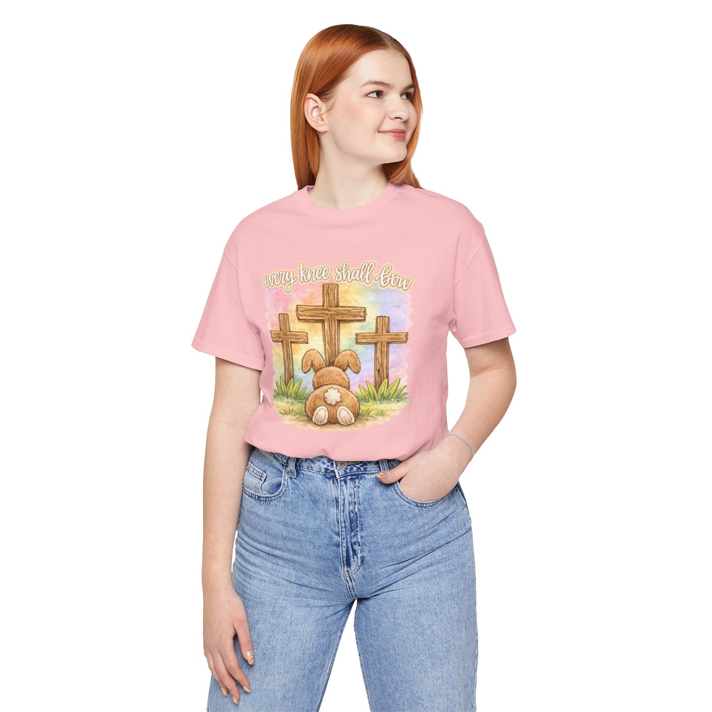 BELLA  CANVAS - Easter Bunny Kneeling at Crosses T‑Shirt — Christian Easter Faith Tee