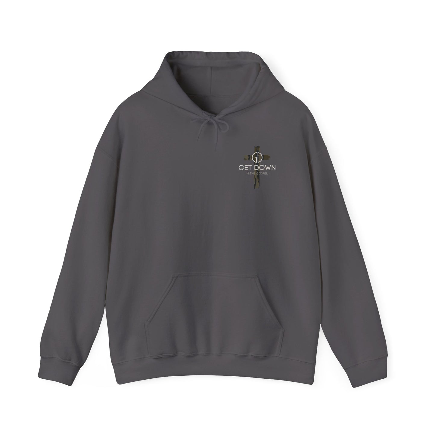 GET DOWN IN THE GOSPEL ADULT HOODIE GREEN CAMO CROSS