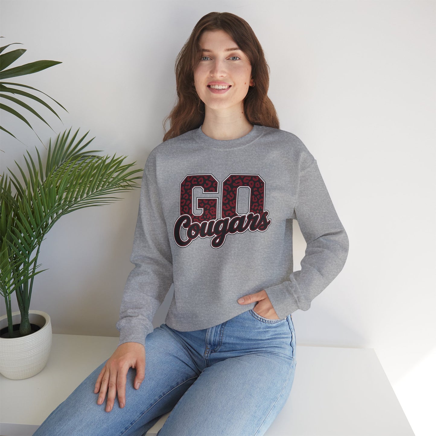 Crewneck Sweatshirt — "Go Cougars" Leopard Varsity School Spirit