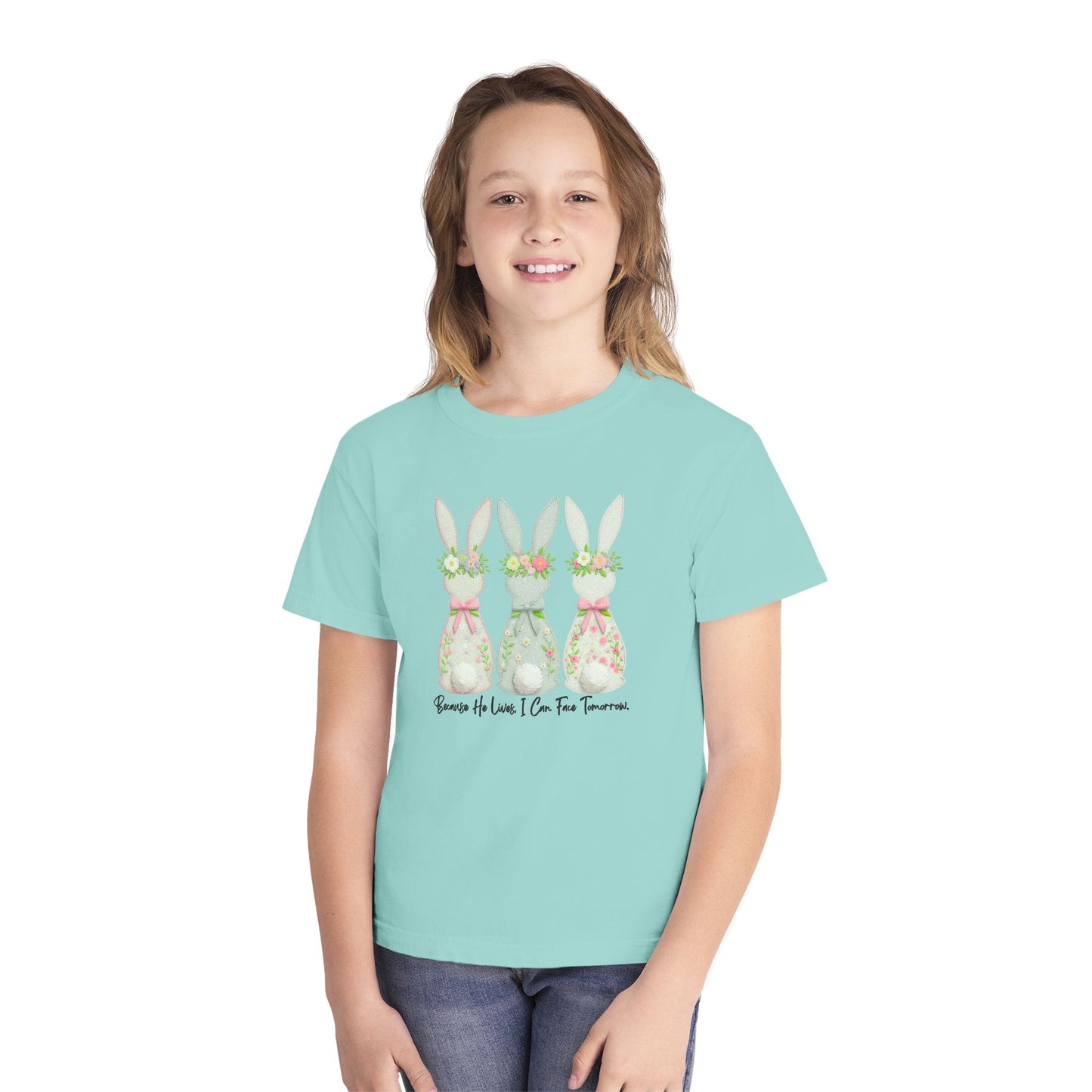 COMFORT COLORS - Easter Floral Bunny Youth Tee — 'Because He Lives'