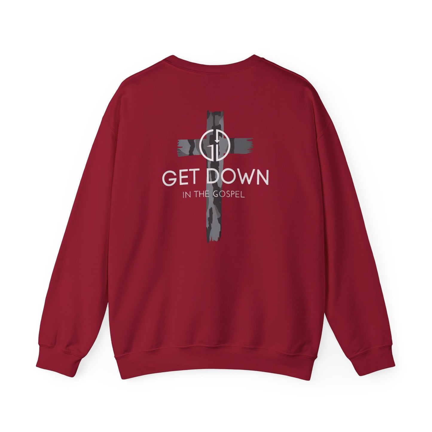 GILDAN - GET DOWN IN THE GOSPEL ADULT SWEATSHIRT GRAY CAMO CROSS