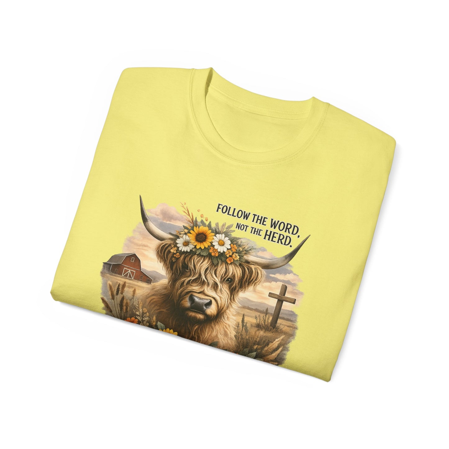 Cow Floral Tee — "Follow the Word, Not the Herd" Graphic T-Shirt