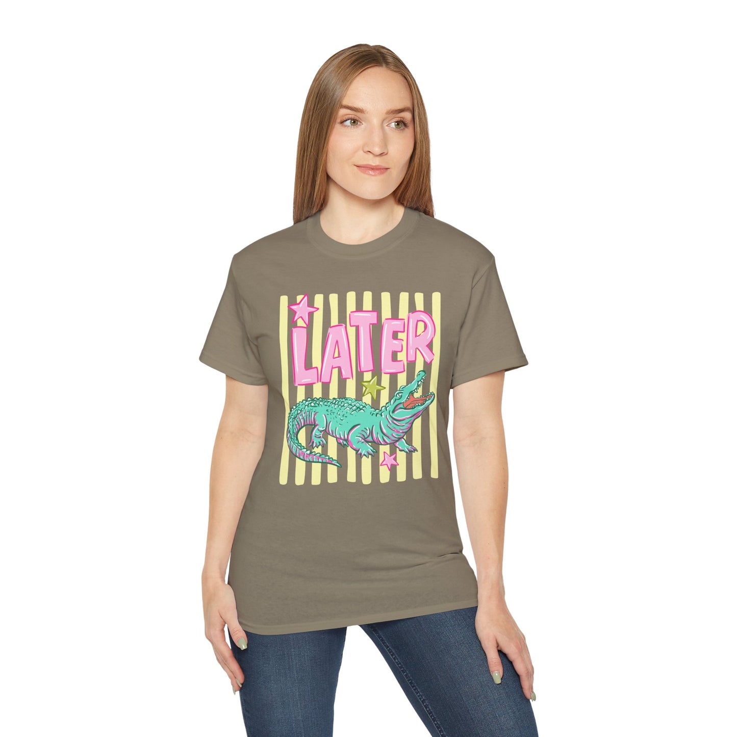 Later Alligator T‑Shirt — Retro Pink & Teal Gator Graphic Tee