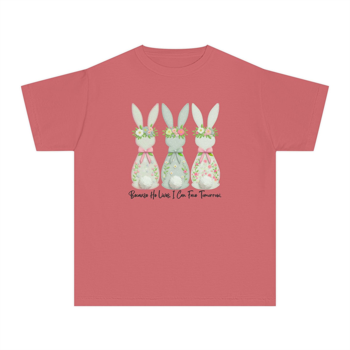 COMFORT COLORS - Easter Floral Bunny Youth Tee — 'Because He Lives'