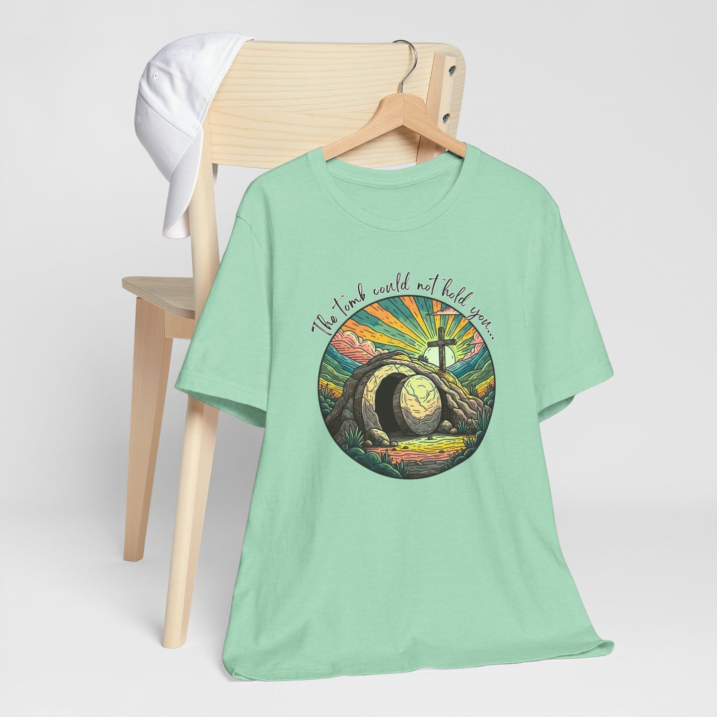 BELLA CANVAS - Easter Sunrise T-Shirt — He Is Risen Tomb & Cross Christian Tee
