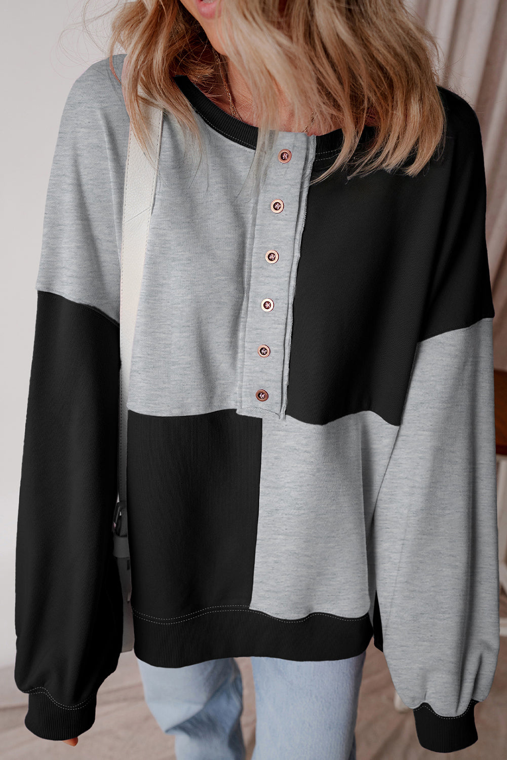 Grass Green Colorblock Henley High Low Oversize Sweatshirt