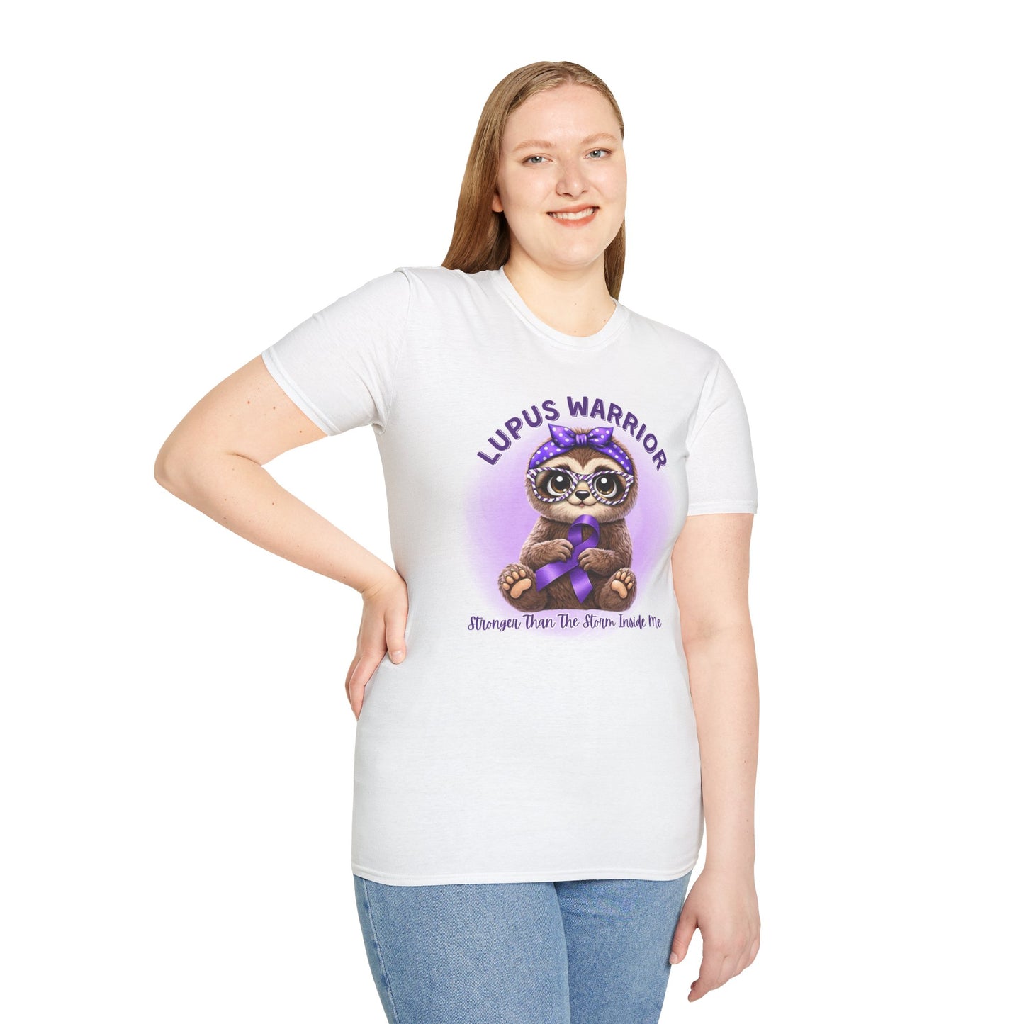 Lupus Warrior T-Shirt — Cute Sloth Holding Purple Ribbon, "Stronger Than The Storm Inside Me" Awareness Tee