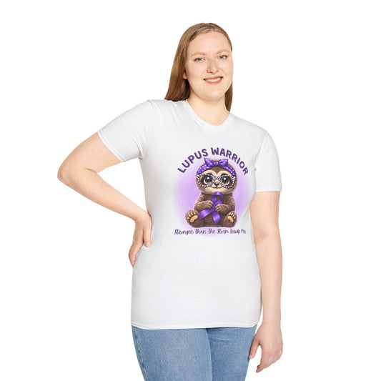 Lupus Warrior T-Shirt — Cute Sloth Holding Purple Ribbon, "Stronger Than The Storm Inside Me" Awareness Tee