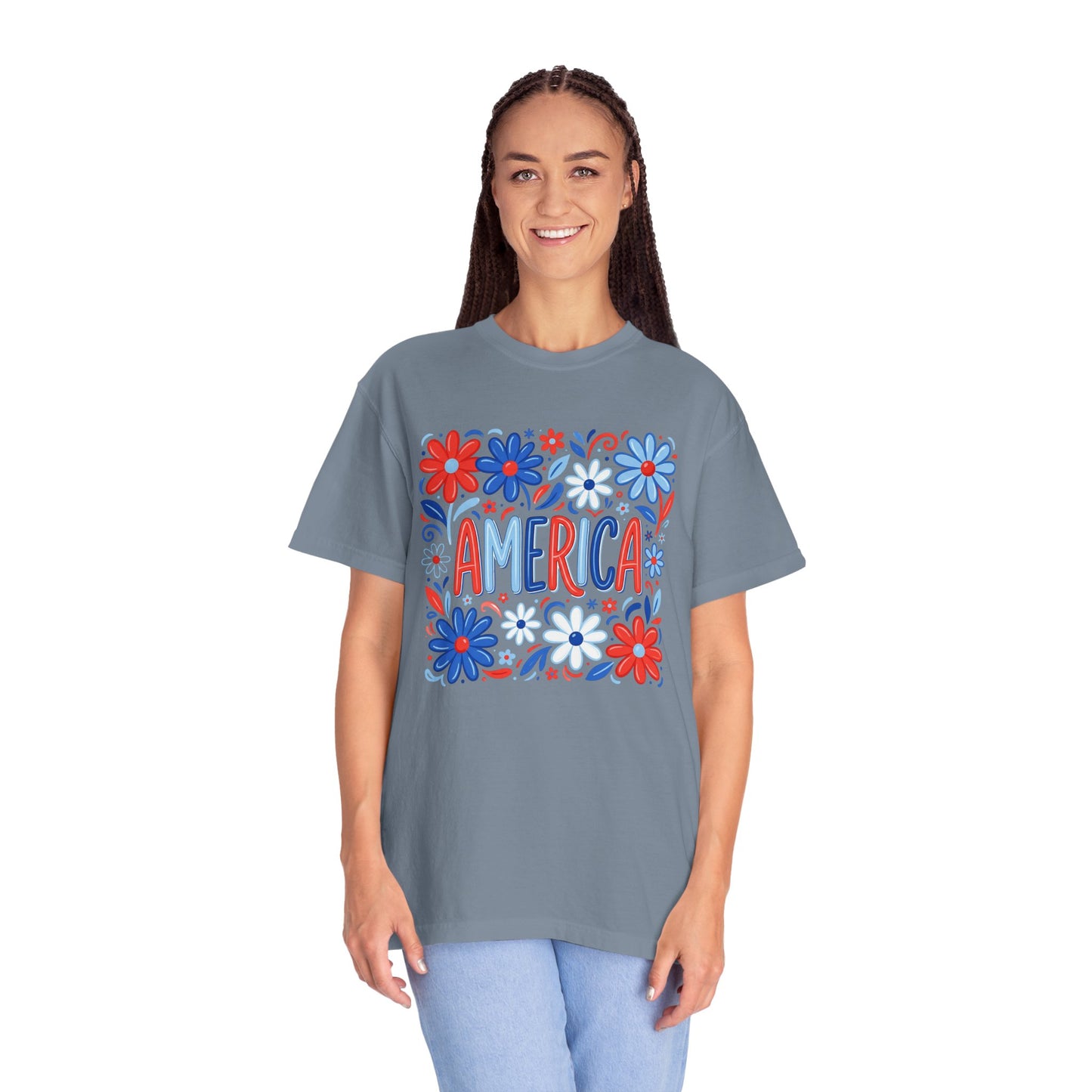 COMFORT COLORS - America Floral T-Shirt — Red, White & Blue Patriotic Tee