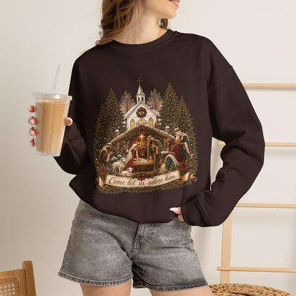 GILDAN - Nativity Scene Crewneck Sweatshirt - "Come Let Us Adore Him" Christmas Pullover