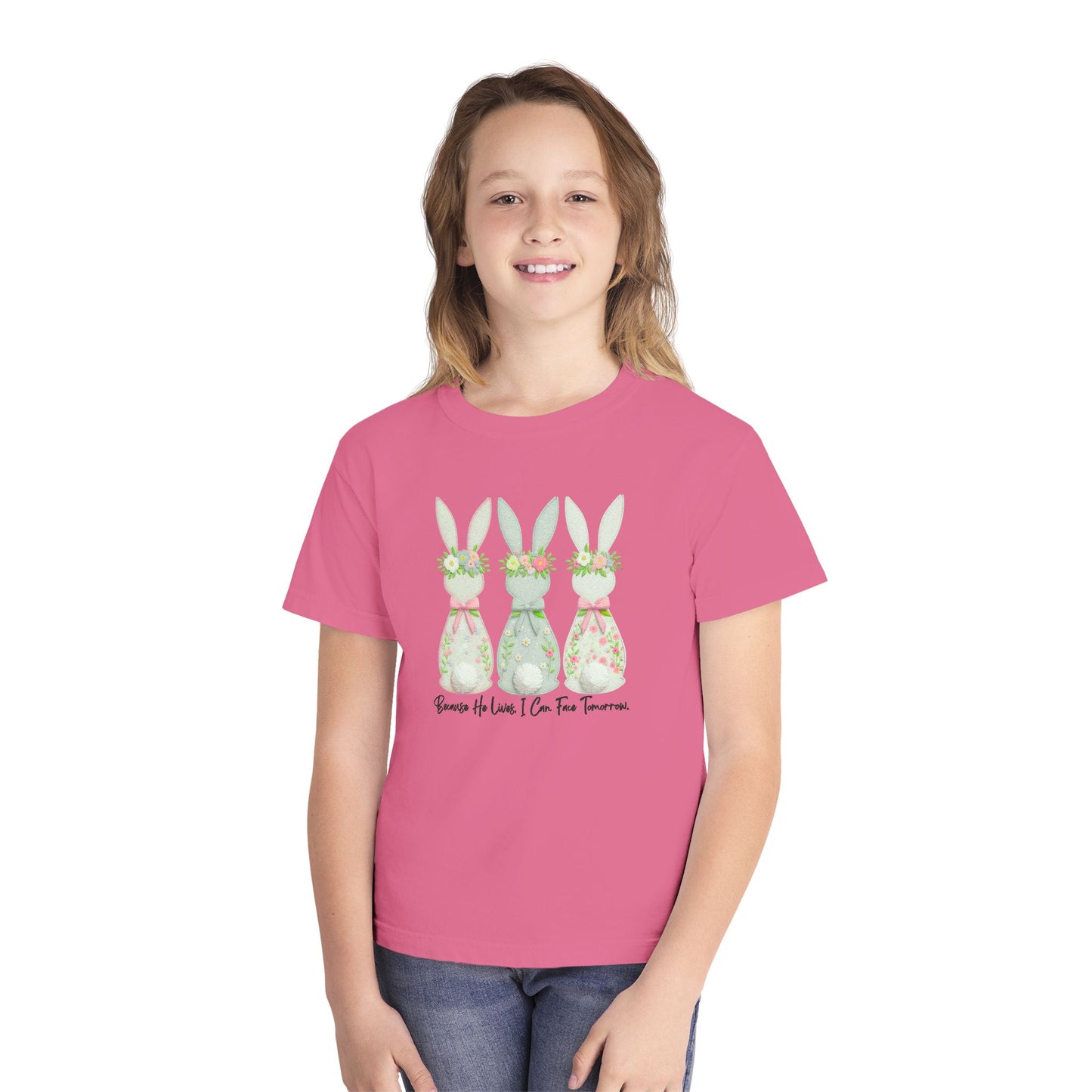 COMFORT COLORS - Easter Floral Bunny Youth Tee — 'Because He Lives'