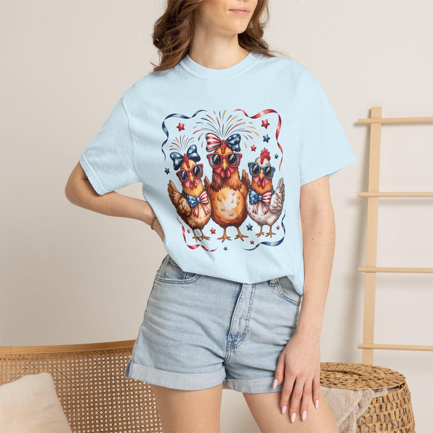 COMFORT COLORS - Patriotic Chickens T-Shirt — 4th of July Farm Animal Graphic Tee