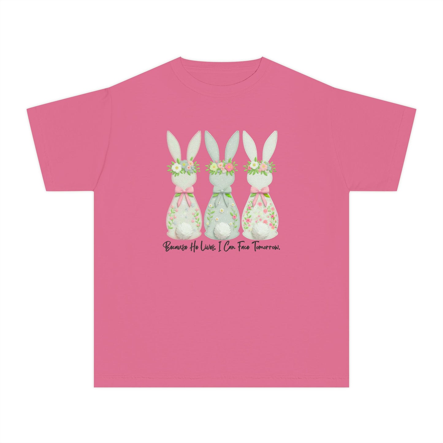 COMFORT COLORS - Easter Floral Bunny Youth Tee — 'Because He Lives'