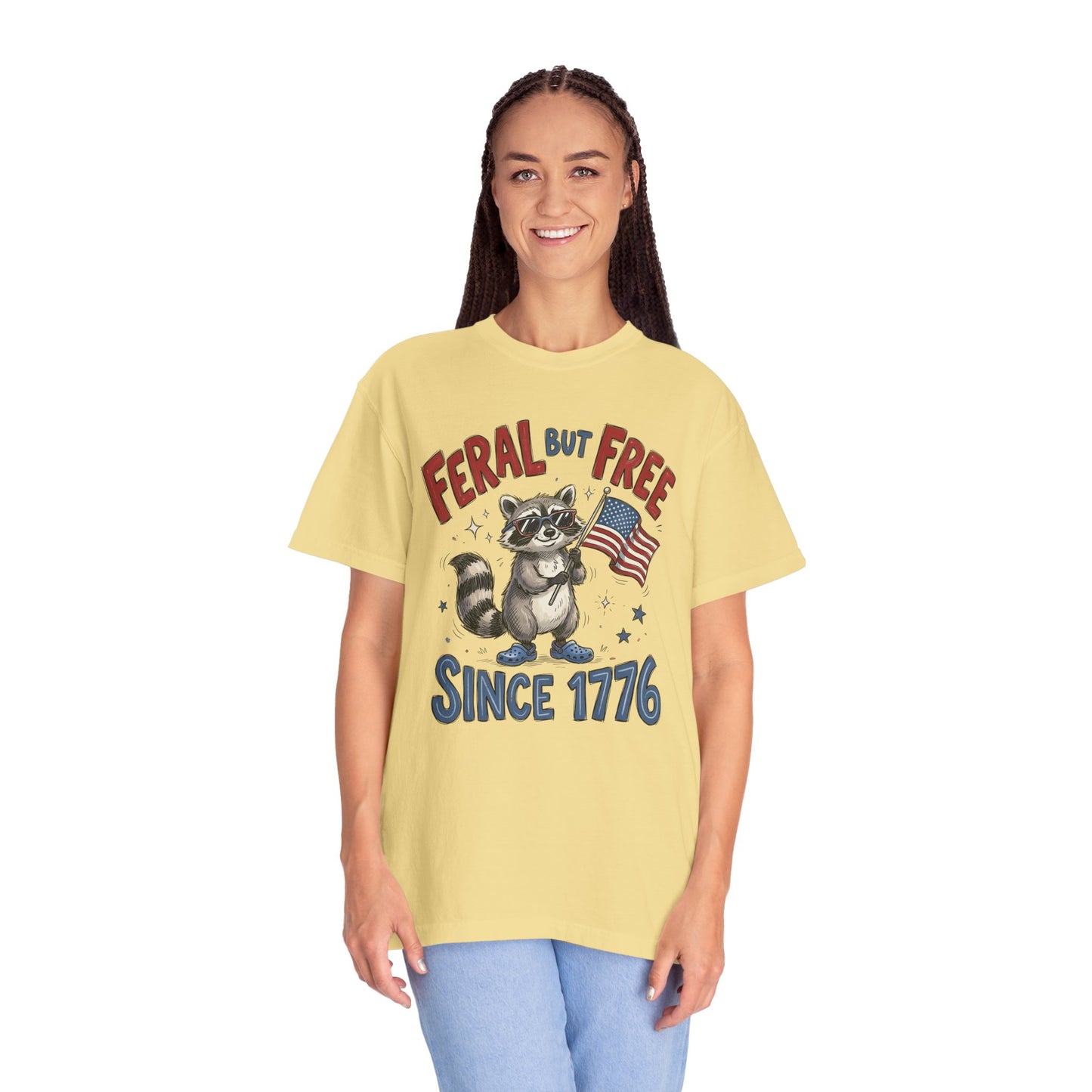 Feral But Free Since 1776 T-Shirt — Cute Raccoon American Flag Patriotic Tee