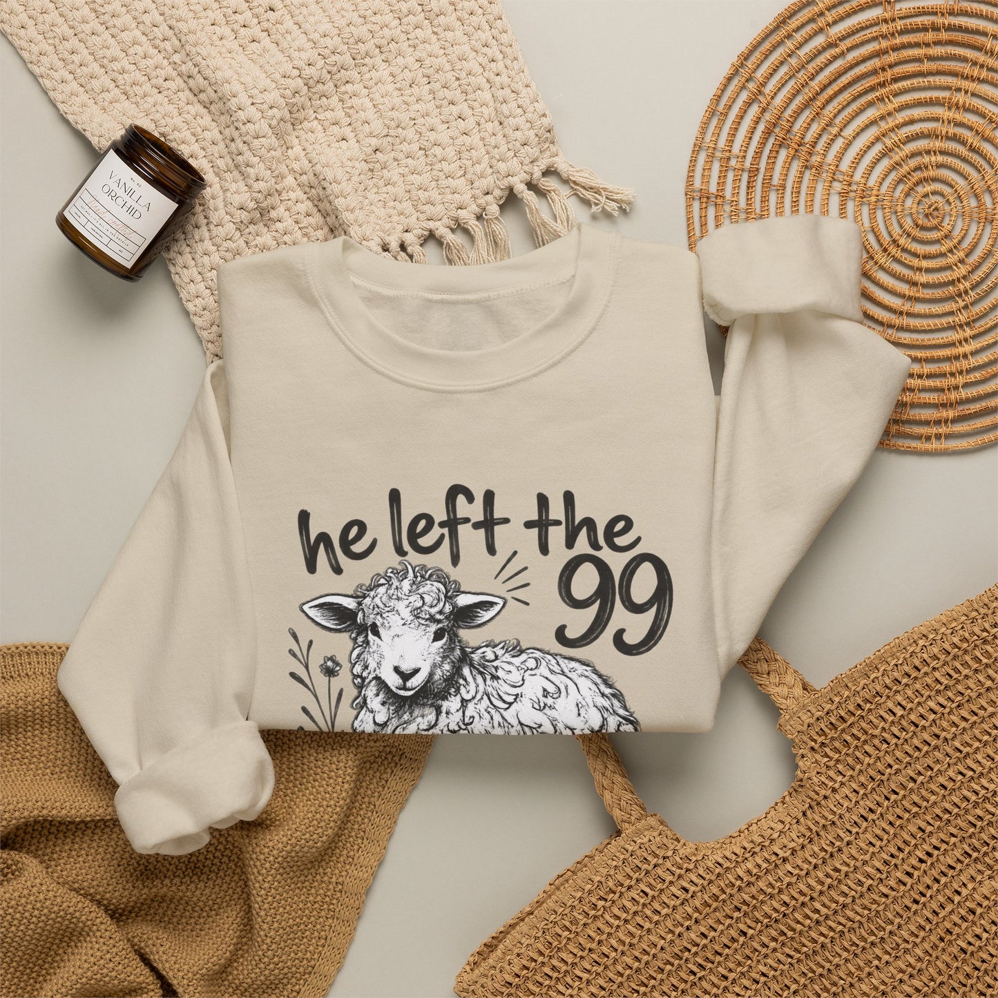GILDAN - Christian Crewneck Sweatshirt — "He Left the 99 to Find Me" Lamb Graphic