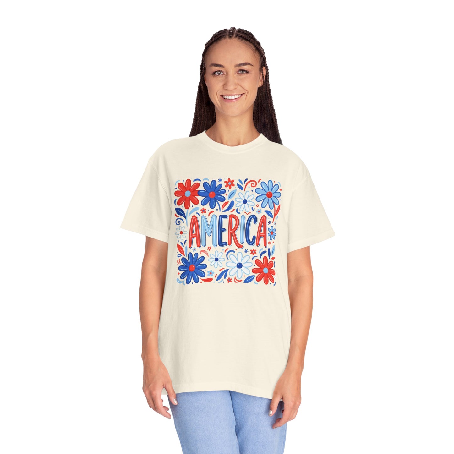 COMFORT COLORS - America Floral T-Shirt — Red, White & Blue Patriotic Tee