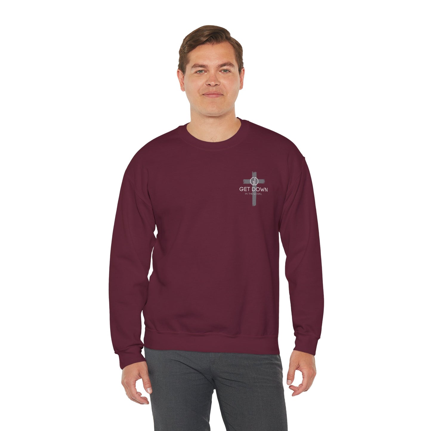 GILDAN -GET DOWN IN THE GOSPEL GRAY CROSS WHITE FONT