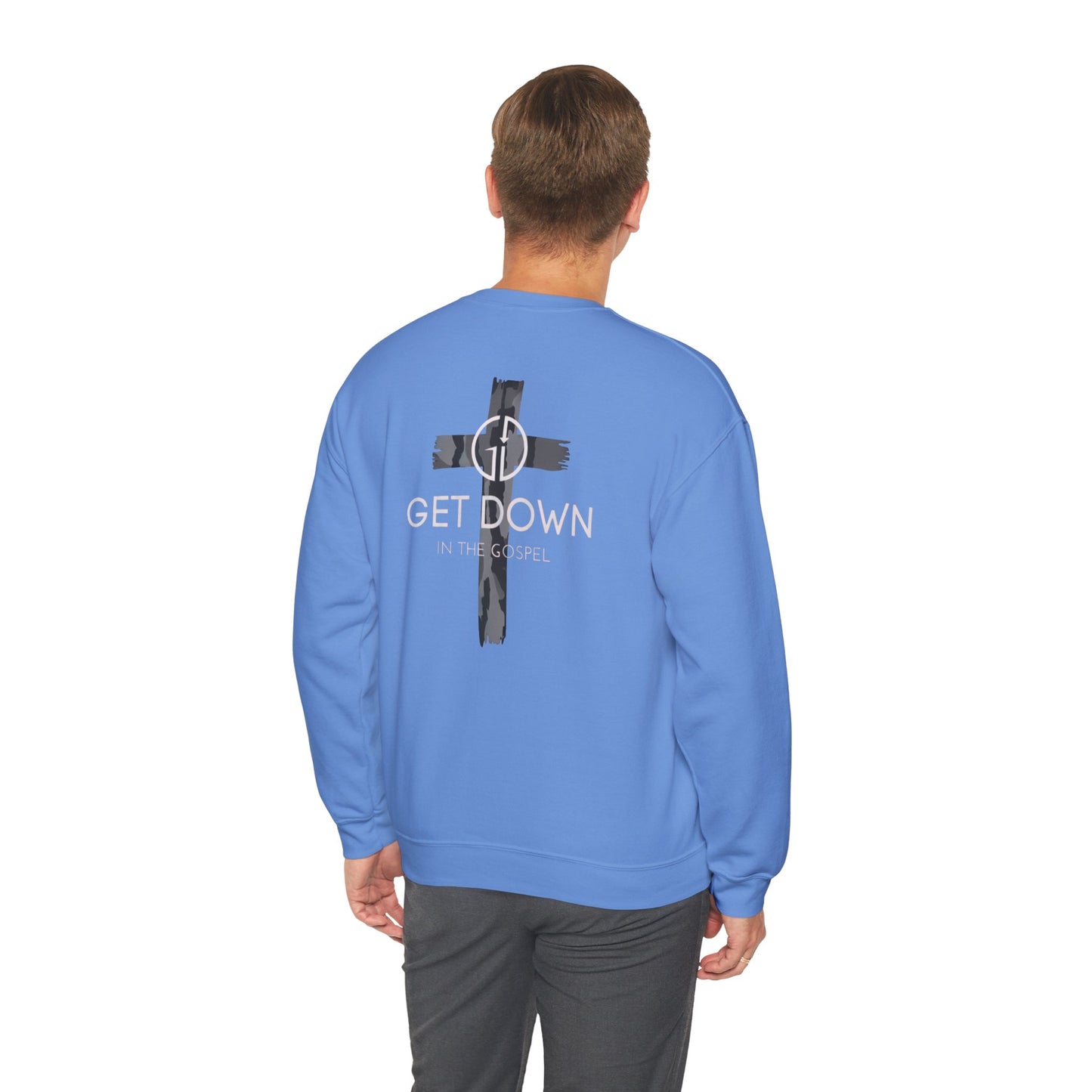 GILDAN - GET DOWN IN THE GOSPEL ADULT SWEATSHIRT GRAY CAMO CROSS