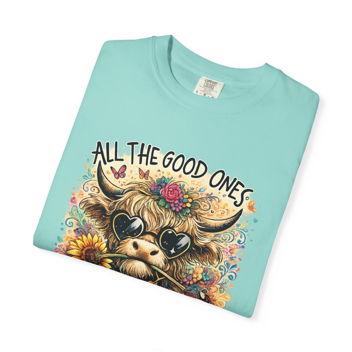 COMFORT COLORS - Cow Graphic T-Shirt — "All the Good Ones Are a Little Crazy" Floral Sunflower Design
