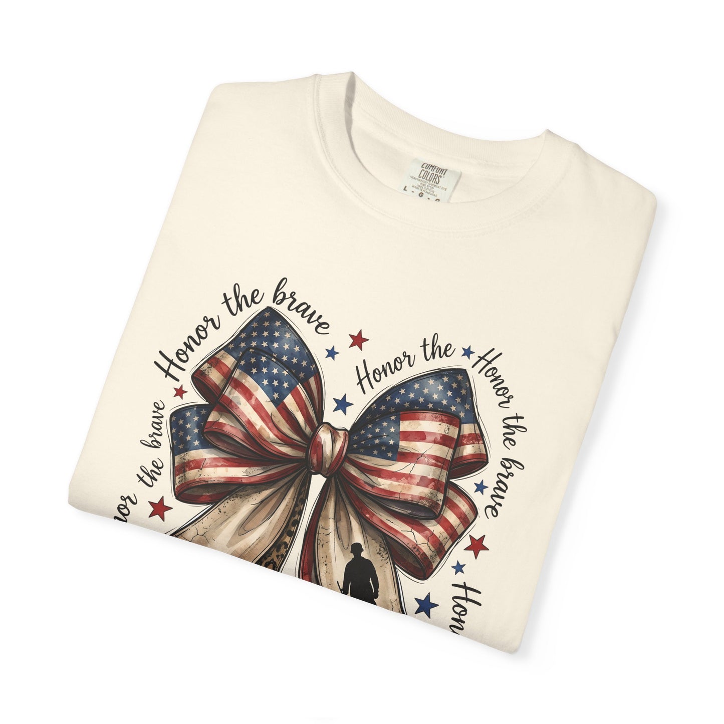 COMFORT COLORS - Patriotic American Flag Bow T-Shirt — "Home of the Brave" Fourth of July Tee