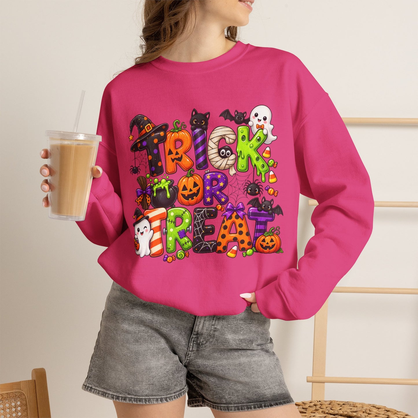 GILDAN - Halloween "Trick or Treat" Crewneck Sweatshirt - Cute Spooky Candy Graphic