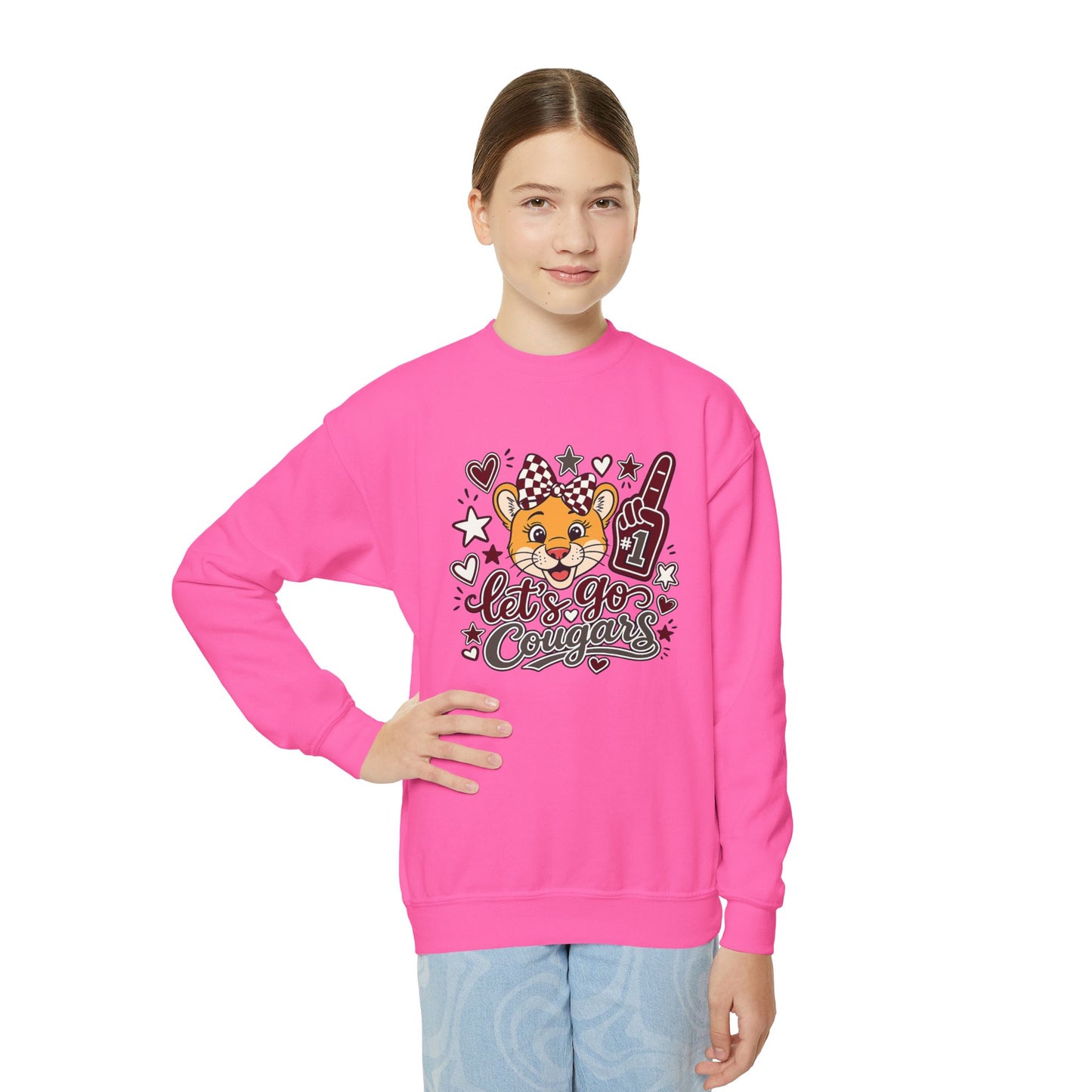 GILDAN - Youth Crewneck Sweatshirt — Cheerleader Tiger Mascot "Let's Go Cougars"
