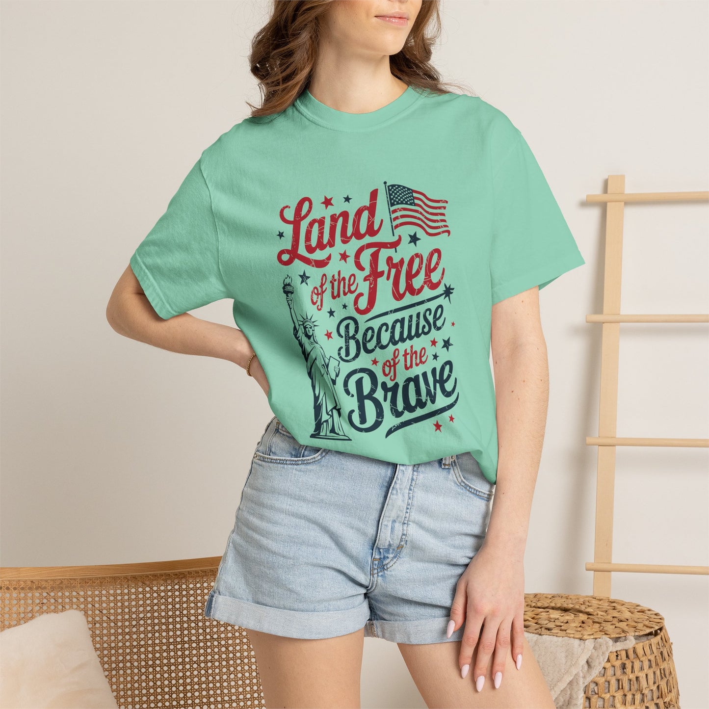 COMFORT COLORS - Land of the Free Because of the Brave T-Shirt — Patriotic Statue of Liberty Graphic Tee