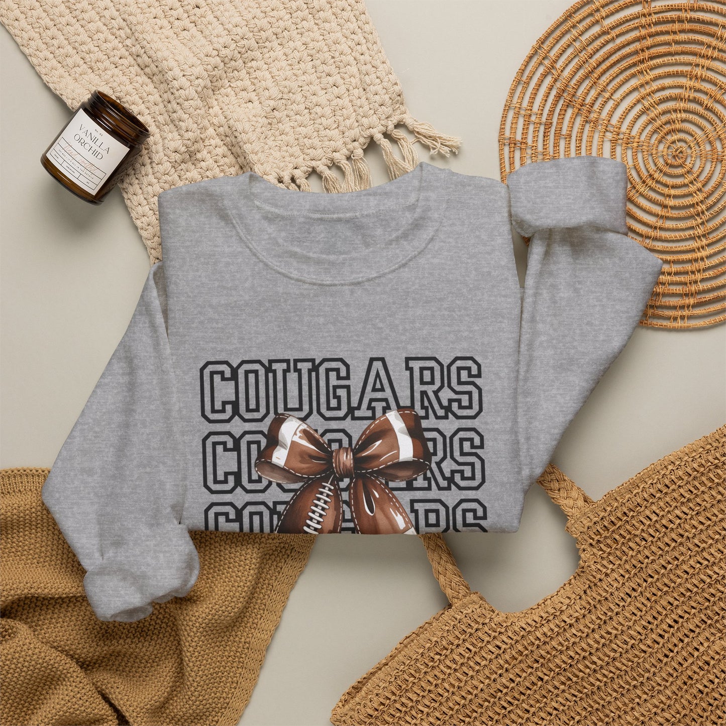 GILDAN - Cougars Cheer Bow Sweatshirt - Repeated Text Graphic Crewneck