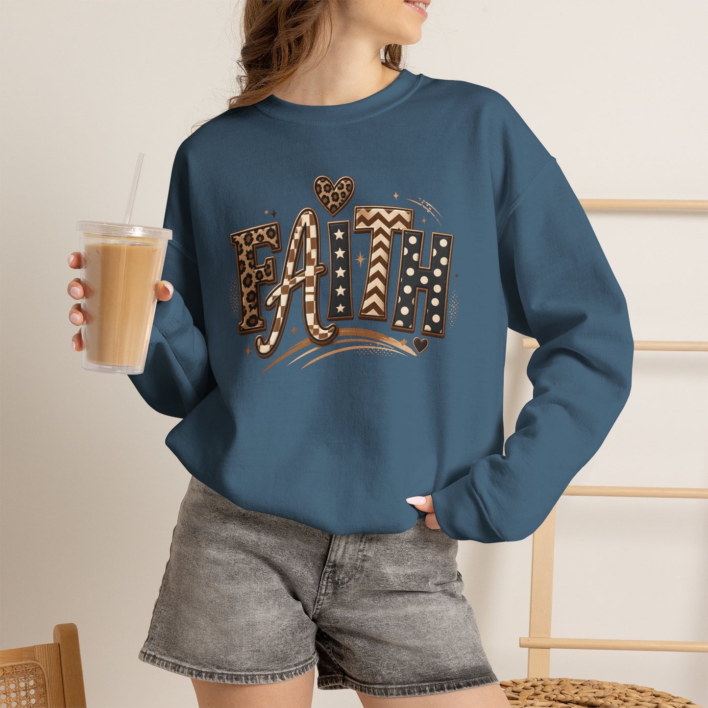 GILDAN - Faith Leopard Print Crewneck Sweatshirt
