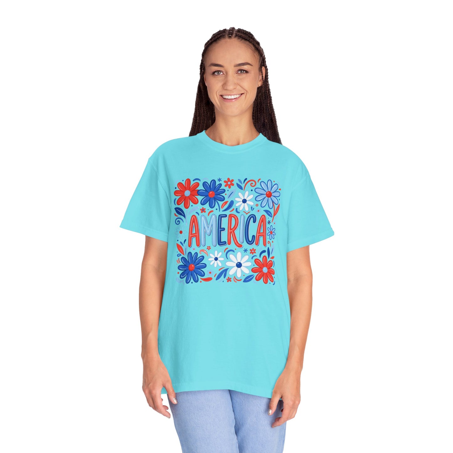 COMFORT COLORS - America Floral T-Shirt — Red, White & Blue Patriotic Tee