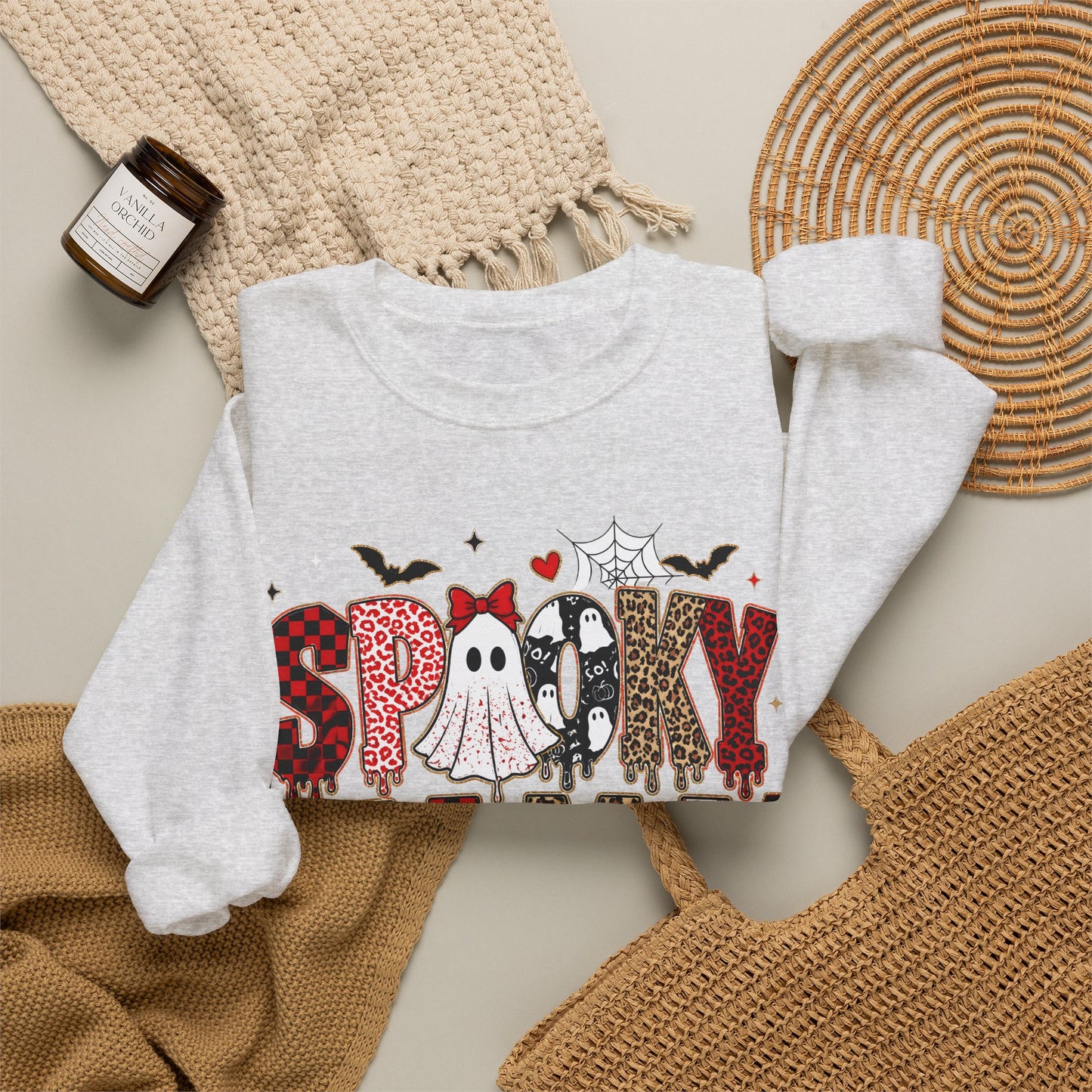 GILDAN - Spooky Mama Sweatshirt – Cute Halloween Ghost & Pumpkin Graphic Crewneck