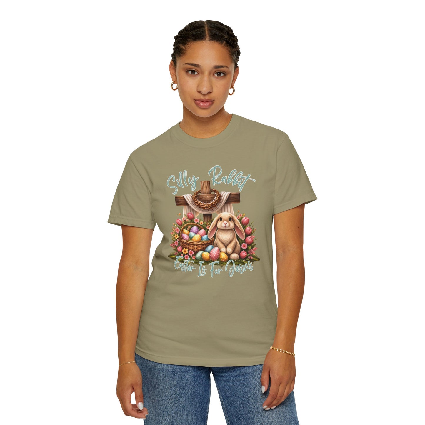 COMFORT COLORS -  Silly Rabbit Easter Bunny T-shirt | Pastel Eggs, Basket, Cross Back Print