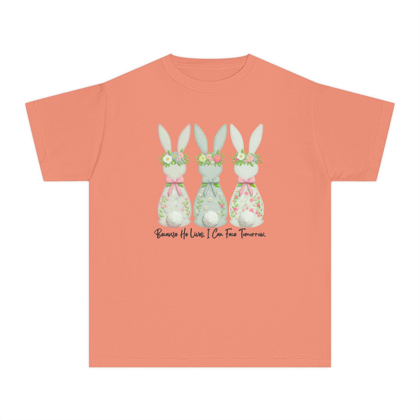 COMFORT COLORS - Easter Floral Bunny Youth Tee — 'Because He Lives'