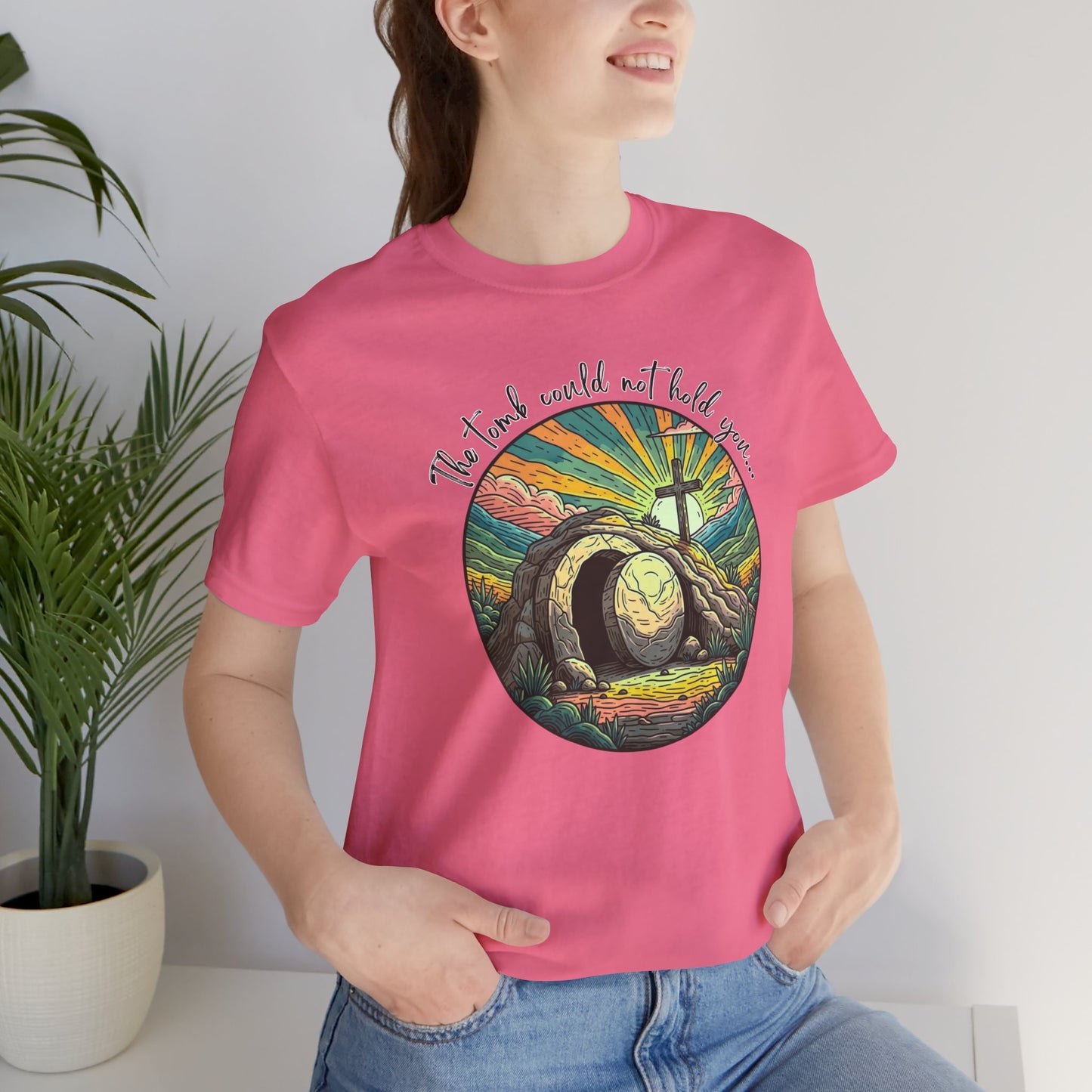 BELLA CANVAS - Easter Sunrise T-Shirt — He Is Risen Tomb & Cross Christian Tee
