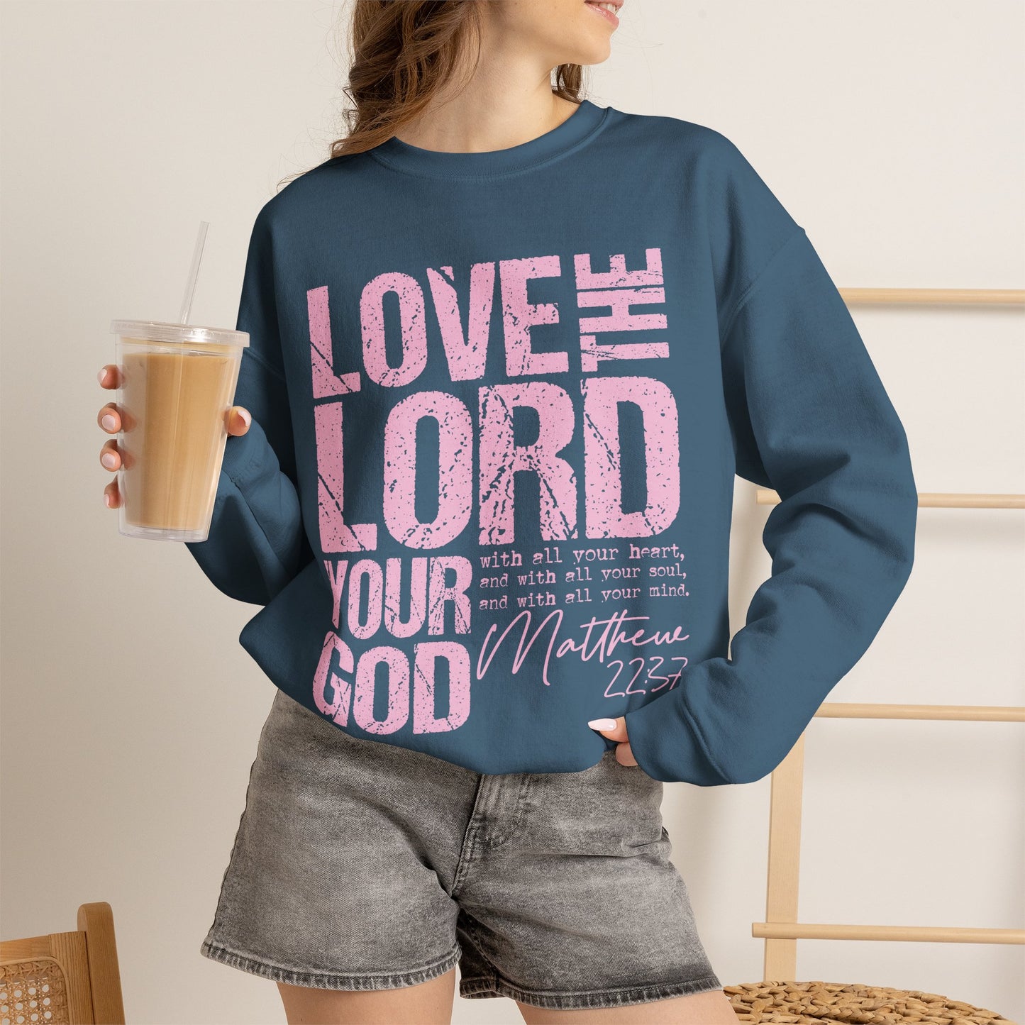 GILDAN - Christian Crewneck Sweatshirt — "Love the Lord Your God" Pink Scripture Graphic