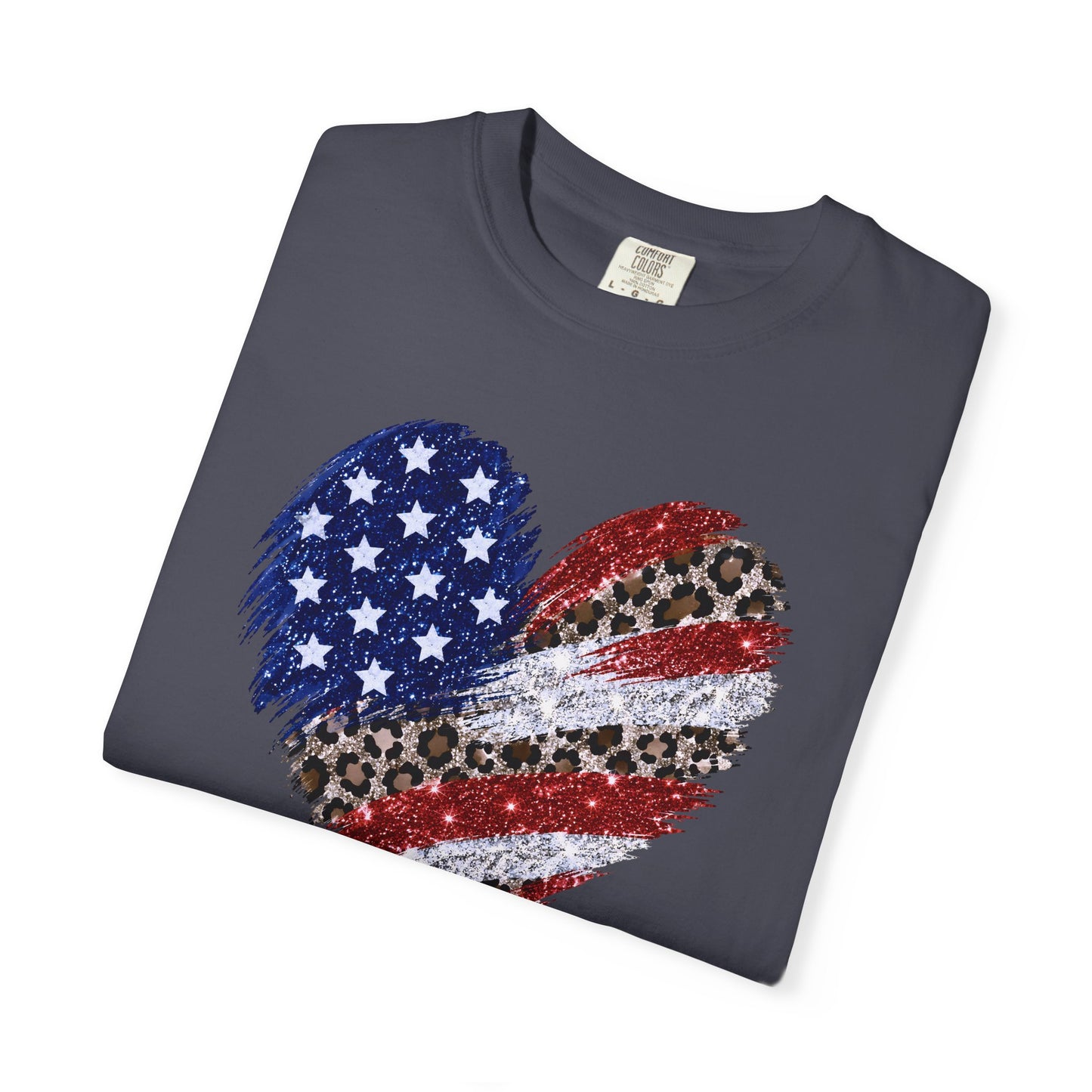 COMFORT COLORS - Patriotic Leopard Flag Heart T-Shirt — American Flag Heart Graphic Tee