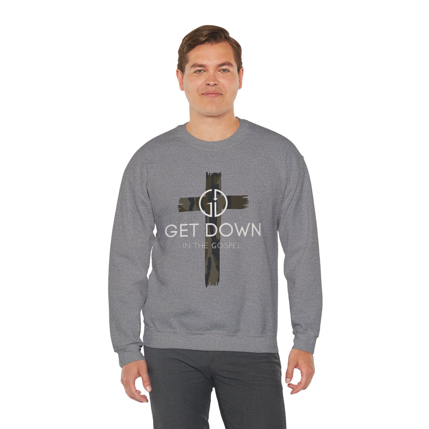 GILDAN - GET DOWN GOSPEL ADULT SWEATSHIRT GREEN CAMO CROSS